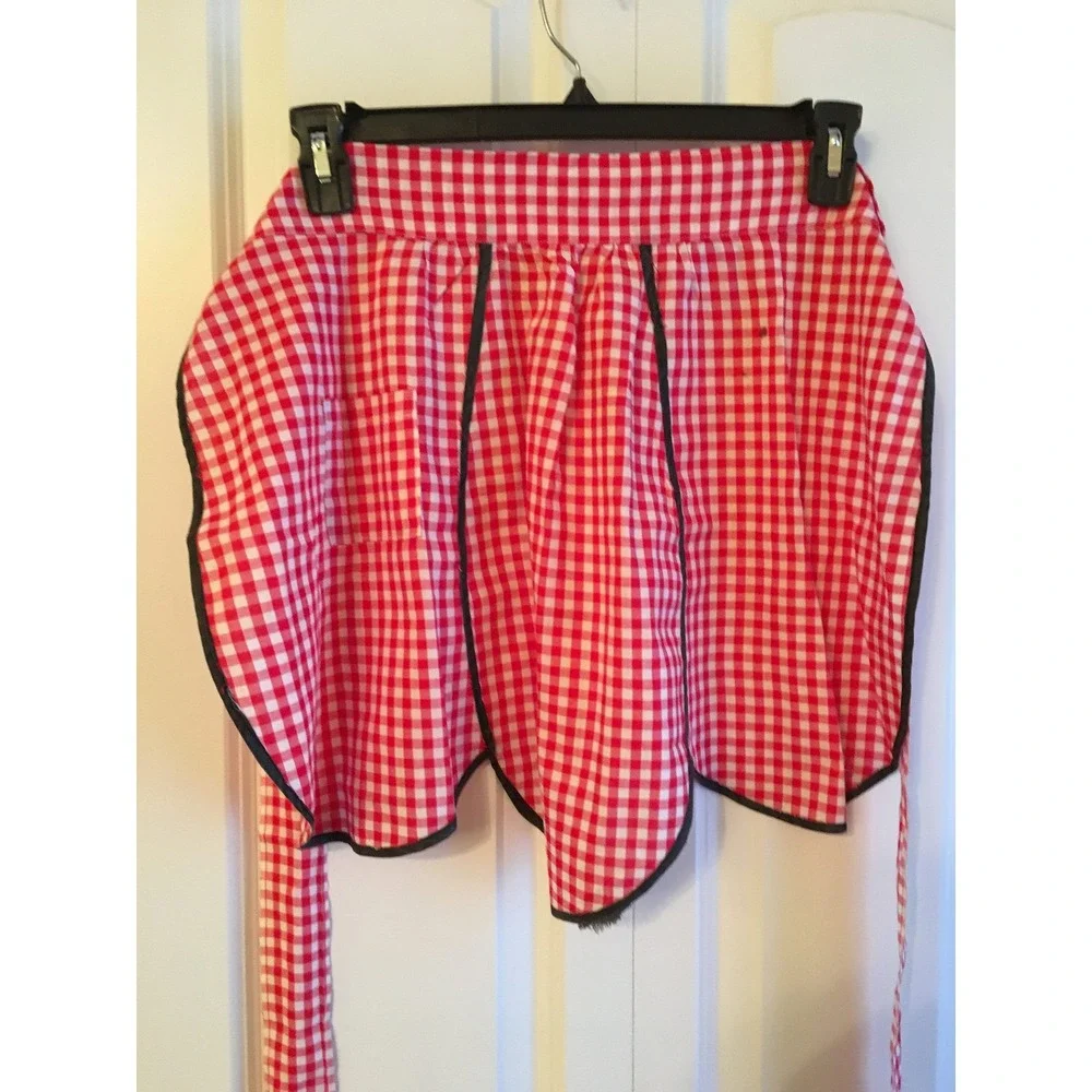Vintage red and white checkered apron, waist apron, kitchen apron